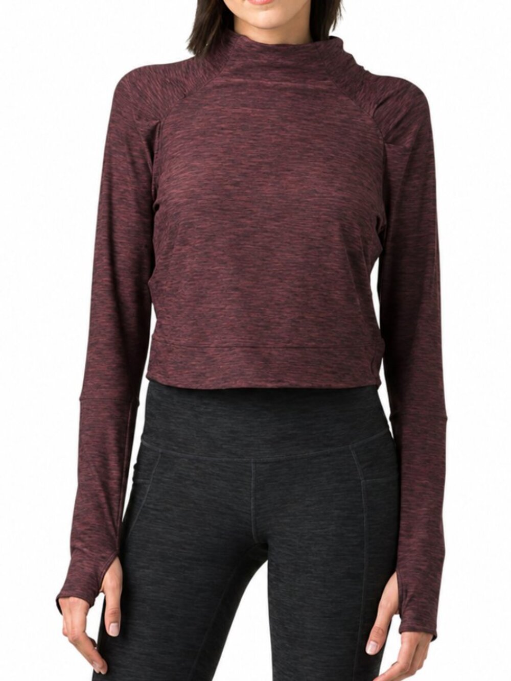 PRANA Zandra Funnel Mock Neck Crop Top Maroon Small Long Sleeves Thumb Holes